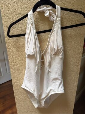 Guess White Fringe Halter one piece Swimsuit